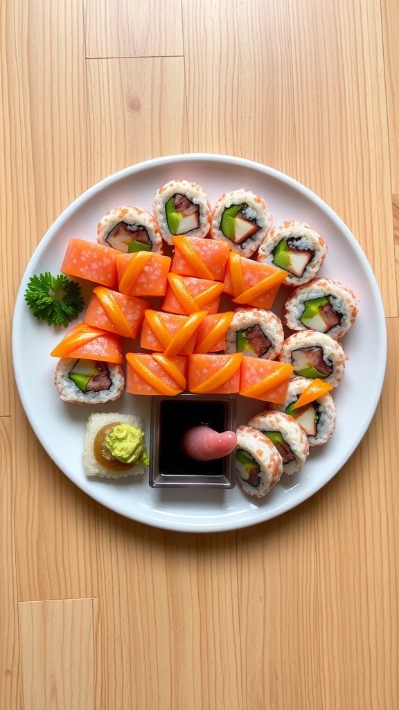 California roll sushi on a plate with wasabi, pickled ginger, and soy sauce.